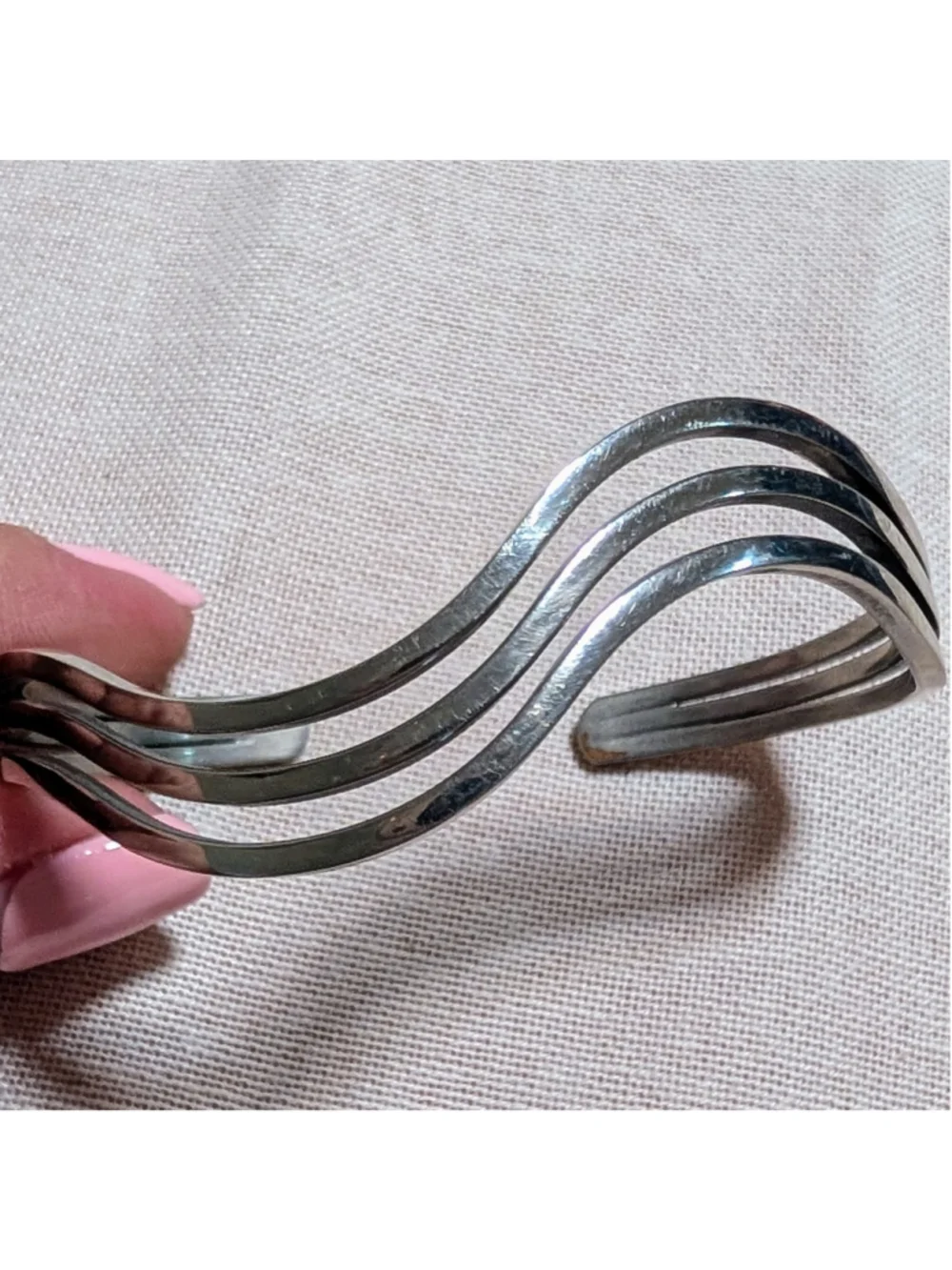 Sterling Silver Modernist Wave Cuff Bracelet 925 Triple Band Artisan Minimalist